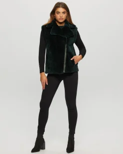 Textured Shearling Lamb Zip Vest Hooded Reversible To Taffeta