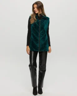 Textured Shearling Lamb Zip Vest Reversible To Taffeta