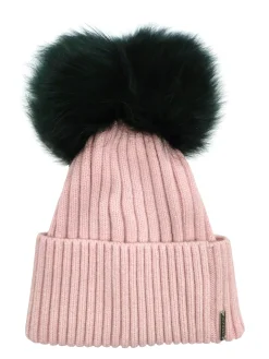 Wool Blend Knit Hat With Double Select Lamb Pompoms